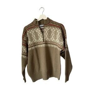 Meister Wool Blend 1/4 Zip Nordic Fair Isle Sweater Men's large tan